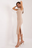 Elegant Ribbed Midi Dress with Decorative Flower Detail