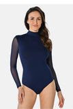Elegant Blue Women's Bodysuit with Sheer Sleeves and Collar