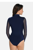 Elegant Blue Women's Bodysuit with Sheer Sleeves and Collar