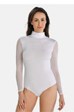 Elegant Women's Bodysuit with Transparent Sleeves in White