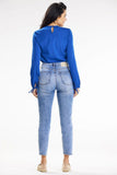 Tied-Front Long Sleeve Blouse with Button Closure and Pocket