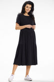 Frilly Loose Midi Dress with Short Sleeves and Boat Neckline