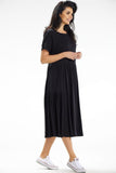 Frilly Loose Midi Dress with Short Sleeves and Boat Neckline
