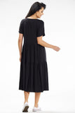 Frilly Loose Midi Dress with Short Sleeves and Boat Neckline