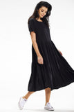 Frilly Loose Midi Dress with Short Sleeves and Boat Neckline