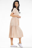 Lightweight Loose Midi Dress with Short Sleeves and Frills