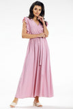 Summer Maxi Dress with Ruffled Shoulders and Belted Waist