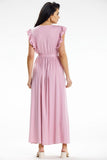 Summer Maxi Dress with Ruffled Shoulders and Belted Waist