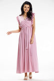 Summer Maxi Dress with Ruffled Shoulders and Belted Waist