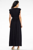 Ruffled Maxi Dress with Envelope Neckline and Belted Waist