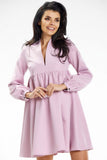 Stand-Up Collar Mini Dress with Deep Neckline and Long Sleeves