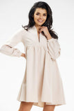 Stand-Up Collar Mini Dress with Deep Neckline and Long Sleeves