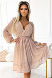 Beige Chiffon Midi Dress with Long Sleeves and Elegant Neckline