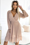 Beige Chiffon Midi Dress with Long Sleeves and Elegant Neckline