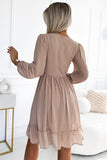 Beige Chiffon Midi Dress with Long Sleeves and Elegant Neckline