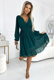 Elegant Bottle Green Chiffon Midi Dress with Long Sleeves