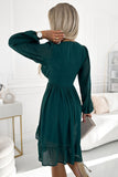 Elegant Bottle Green Chiffon Midi Dress with Long Sleeves