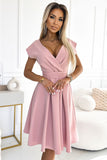 Elegant Powder Pink Flared Dress with Envelope Neckline