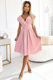 Elegant Powder Pink Flared Dress with Envelope Neckline