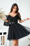 Elegant Spanish-Style Dress with Plunging Tulle Sleeves