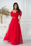 Elegant Spanish-Style Dress with Plunging Tulle Sleeves