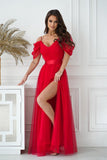 Elegant Spanish-Style Dress with Plunging Tulle Sleeves