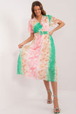 Colorful Print Midi Dress with Belted Waist and Short Sleeves