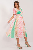 Colorful Print Midi Dress with Belted Waist and Short Sleeves