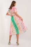 Colorful Print Midi Dress with Belted Waist and Short Sleeves