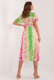 Colorful Print Midi Dress with Belted Waist and Lining