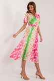 Colorful Print Midi Dress with Belted Waist and Lining