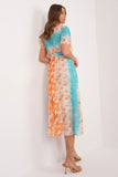 Colorful Printed Midi Dress with Belt and Short Sleeves