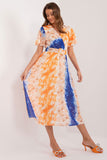 Colorful Print Midi Dress with Belted Waist and Lining