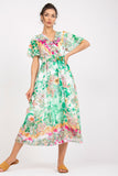 Colorful Flared Midi Dress with Heart Neckline and Belt