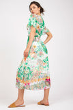 Colorful Flared Midi Dress with Heart Neckline and Belt