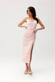 Elegant Midi Dress with Slit and Decorative Rose Detail