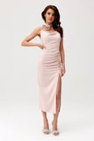 Elegant Midi Dress with Slit and Decorative Rose Detail