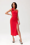 Elegant Midi Dress with Decorative Rose Accent and Slit