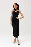 Elegant Midi Dress with Slit and Decorative Rose Detail