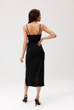Elegant Midi Dress with Slit and Decorative Rose Detail