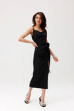 Elegant Midi Dress with Slit and Decorative Rose Detail