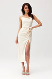 Elegant Midi Dress with Decorative Rose and Slit Detail