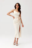 Elegant Midi Dress with Decorative Rose and Slit Detail