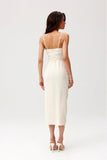 Elegant Midi Dress with Decorative Rose and Slit Detail