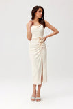 Elegant Midi Dress with Decorative Rose and Slit Detail