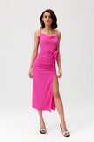 Elegant Midi Dress with Decorative Rose and Slit Detail