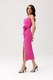 Elegant Midi Dress with Decorative Rose and Slit Detail
