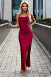 Raspberry Long Satin Dress with Side Slit and Draping
