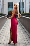 Raspberry Long Satin Dress with Side Slit and Draping