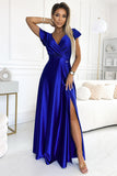 Cornflower Long Satin Maxi Dress with Leg Slit and Neckline
